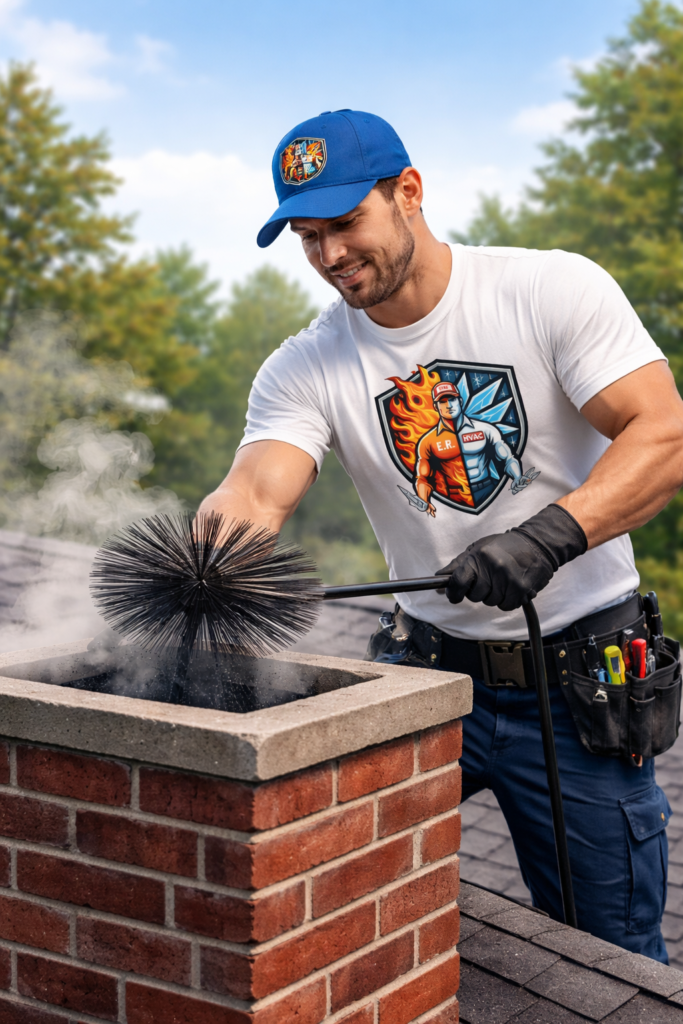 ER HVAC technicians cleaning chimney